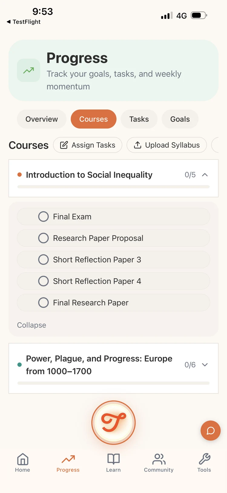 Tanglio app — course progress