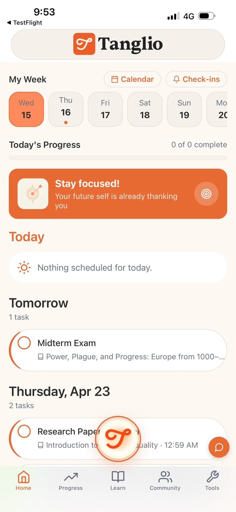 Tanglio app — dashboard
