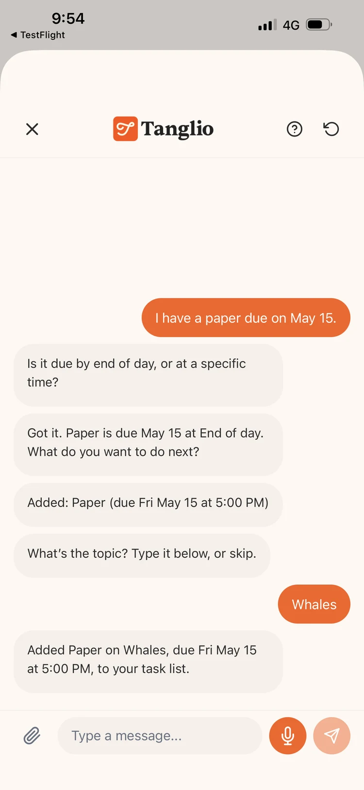 Tanglio AI chat — task planning