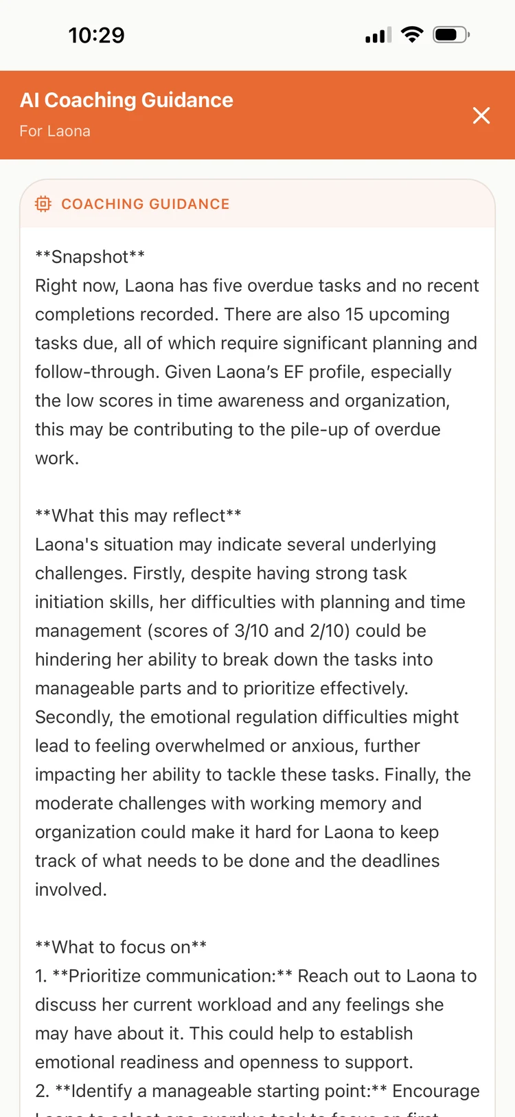 Tanglio coach dashboard — AI-generated coaching guidance for a student