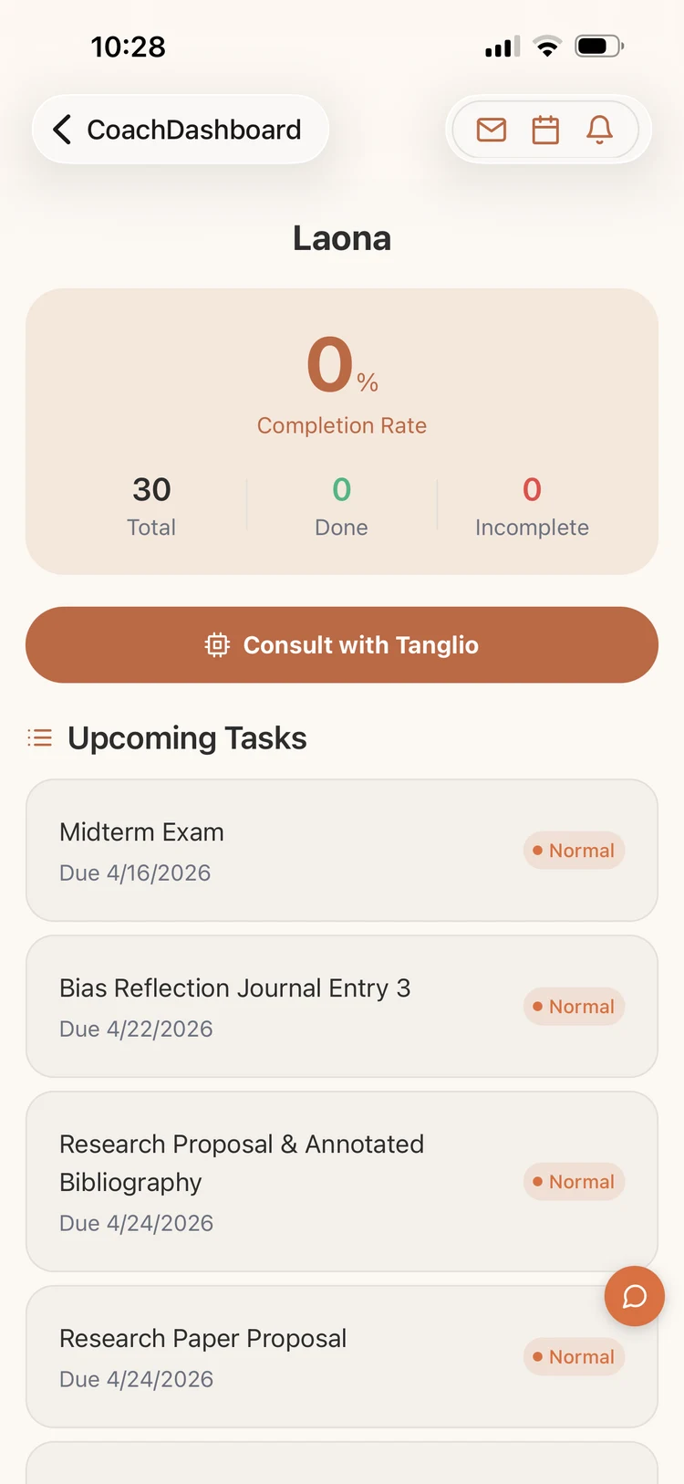 Tanglio coach dashboard — student task overview with upcoming assignments