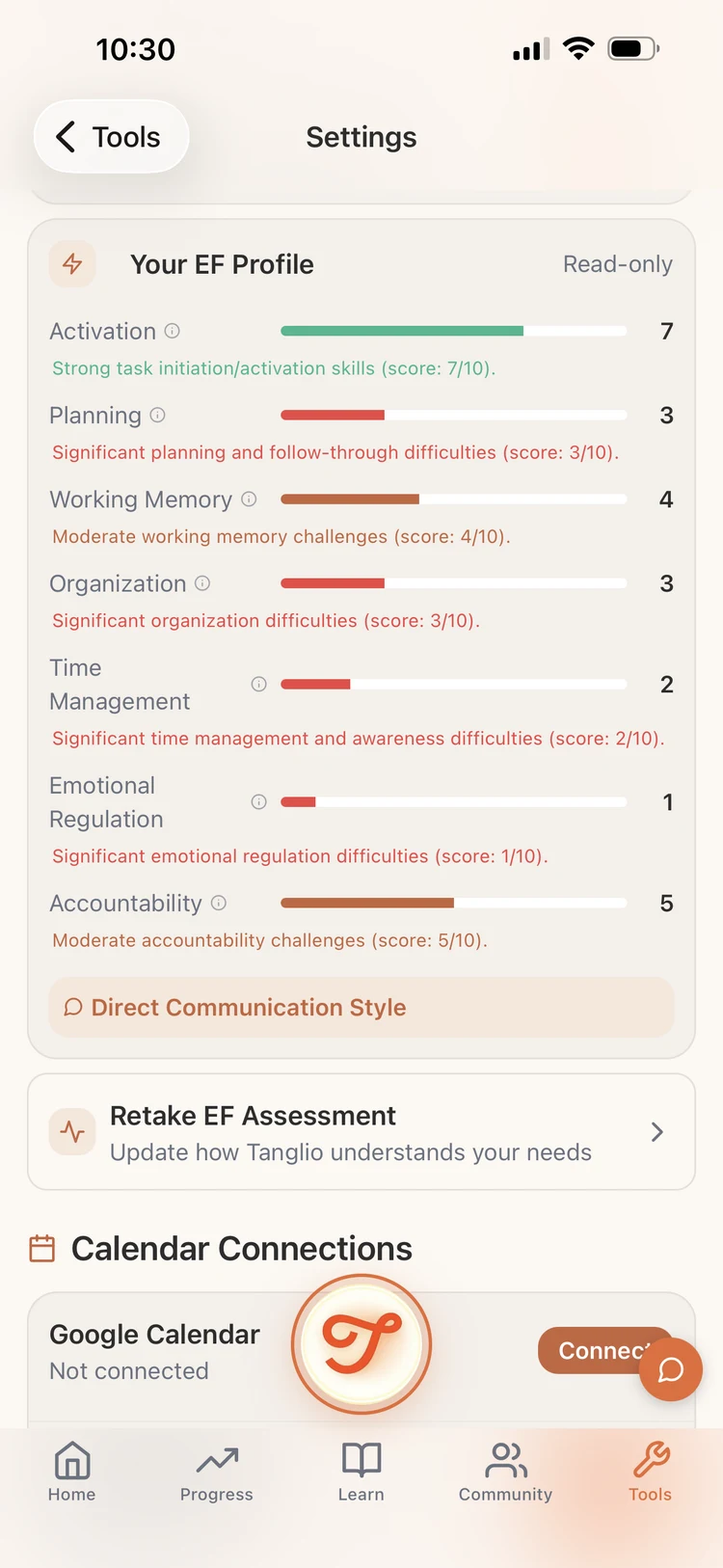 Tanglio app — student executive functioning profile with scores for planning, working memory, and more